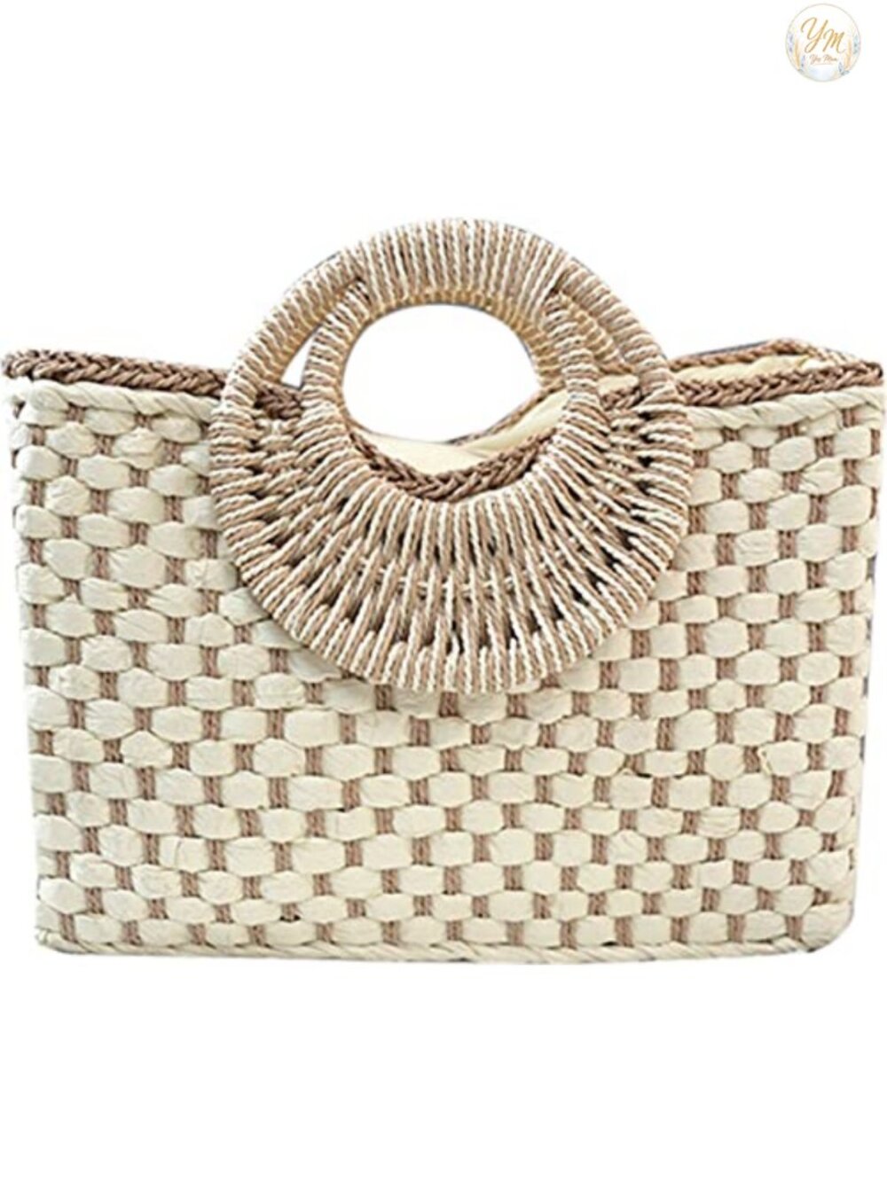 Handwoven Rattan Straw Tote Bag with Wood Handle Summer Beach Purse